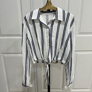 Brandy Melville White and Navy Striped Button Down Shirt